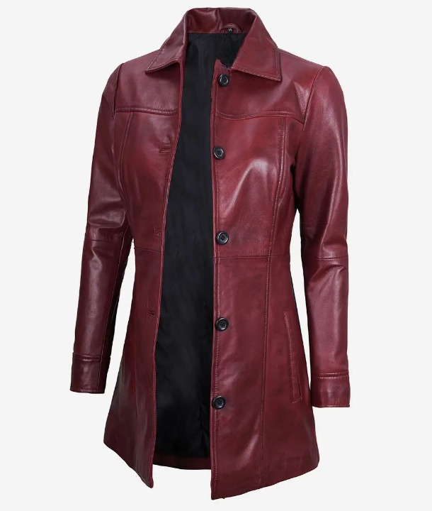 Bringo_Womens_Button_Shirt_Collar_Maroon_Lambskin_Leather_Car_Trench_Winter_Long_Coat