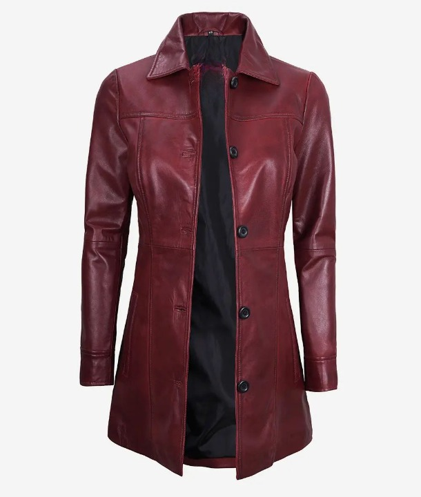 Bringo_Womens_Button_Shirt_Collar_Maroon_Lambskin_Leather_Car_Trench_Winter_Long_Coat