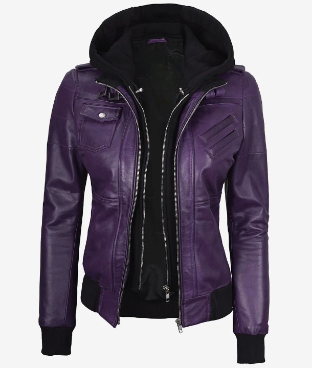 Bringo_Womens_Moto_Biker_Racer_Bomber_Removable_Hood_Belted_Buckle_Collar_Purple_Lambskin_Leather_Jacket