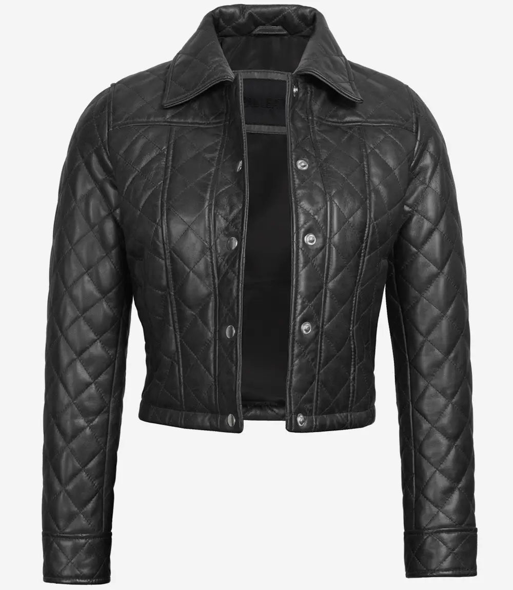 Bringo_Womens_Quilted_Shirt_Collar_Moto_Biker_Bomber_Racer_Button_Black_Lambskin_Leather_Cropped_Jacket