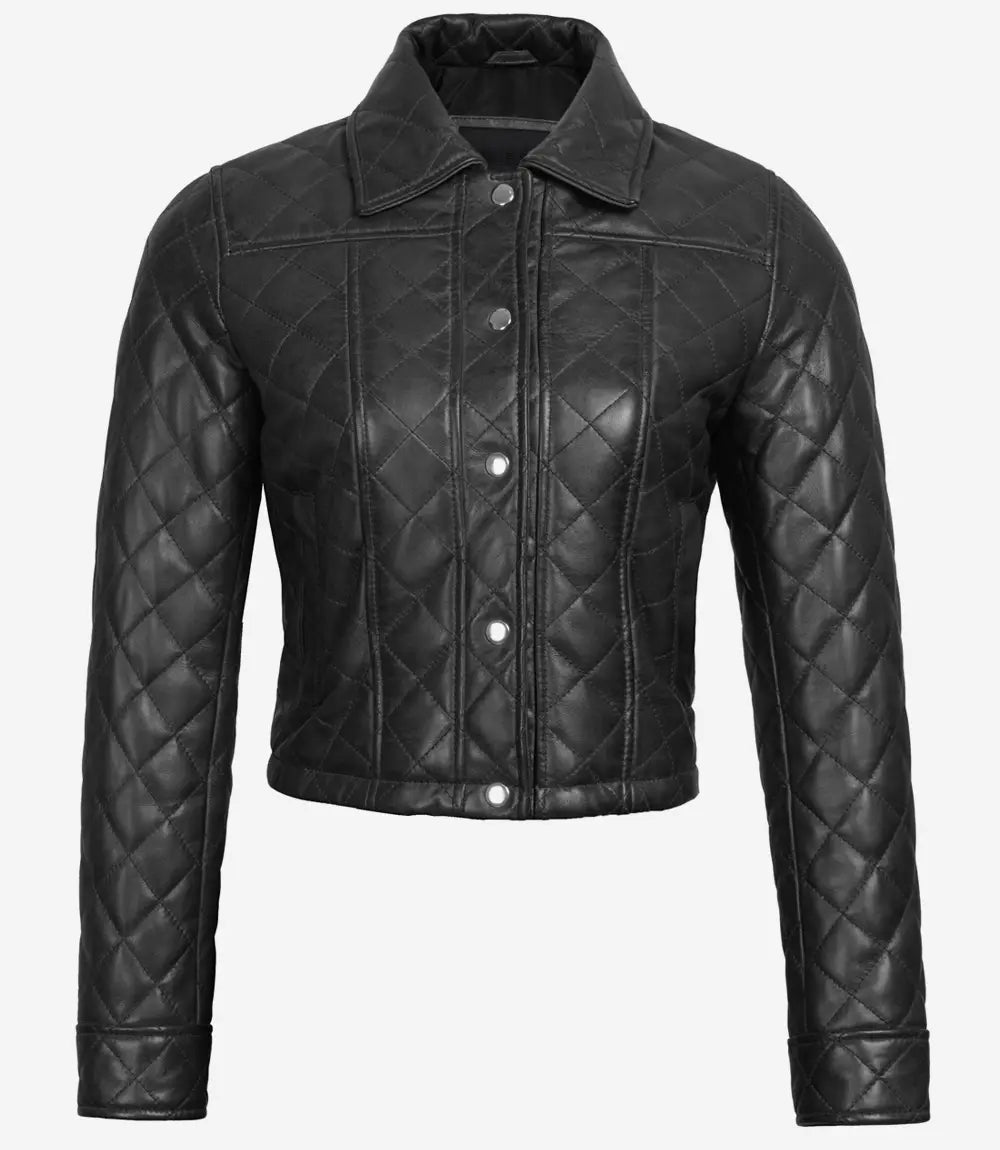 Bringo_Womens_Quilted_Shirt_Collar_Moto_Biker_Bomber_Racer_Button_Black_Lambskin_Leather_Cropped_Jacket