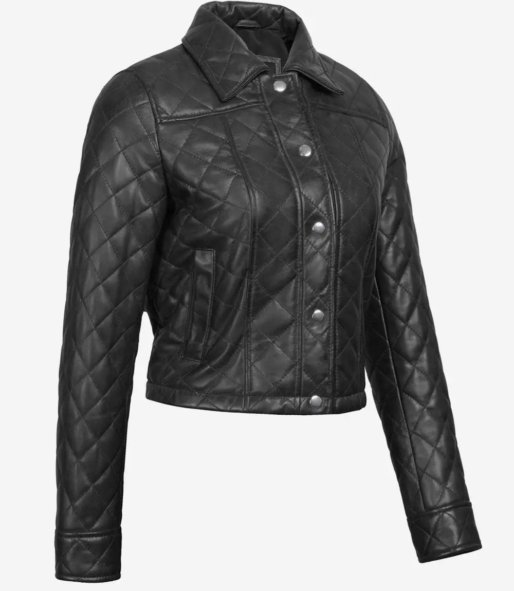 Bringo_Womens_Quilted_Shirt_Collar_Moto_Biker_Bomber_Racer_Button_Black_Lambskin_Leather_Cropped_Jacket