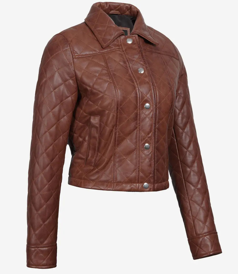 Bringo_Womens_Quilted_Shirt_Collar_Moto_Biker_Bomber_Racer_Button_Cognac_Lambskin_Leather_Cropped_Jacket