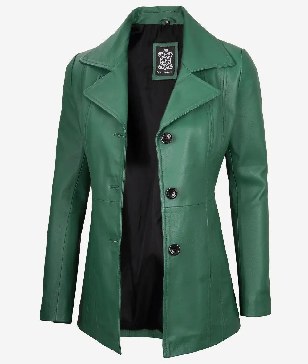 Bringo_Womens_Three_Button_Lapel_Collar_Green_Lambskin_Leather_Blazer