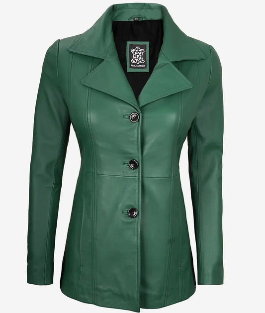 Bringo_Womens_Three_Button_Lapel_Collar_Green_Lambskin_Leather_Blazer