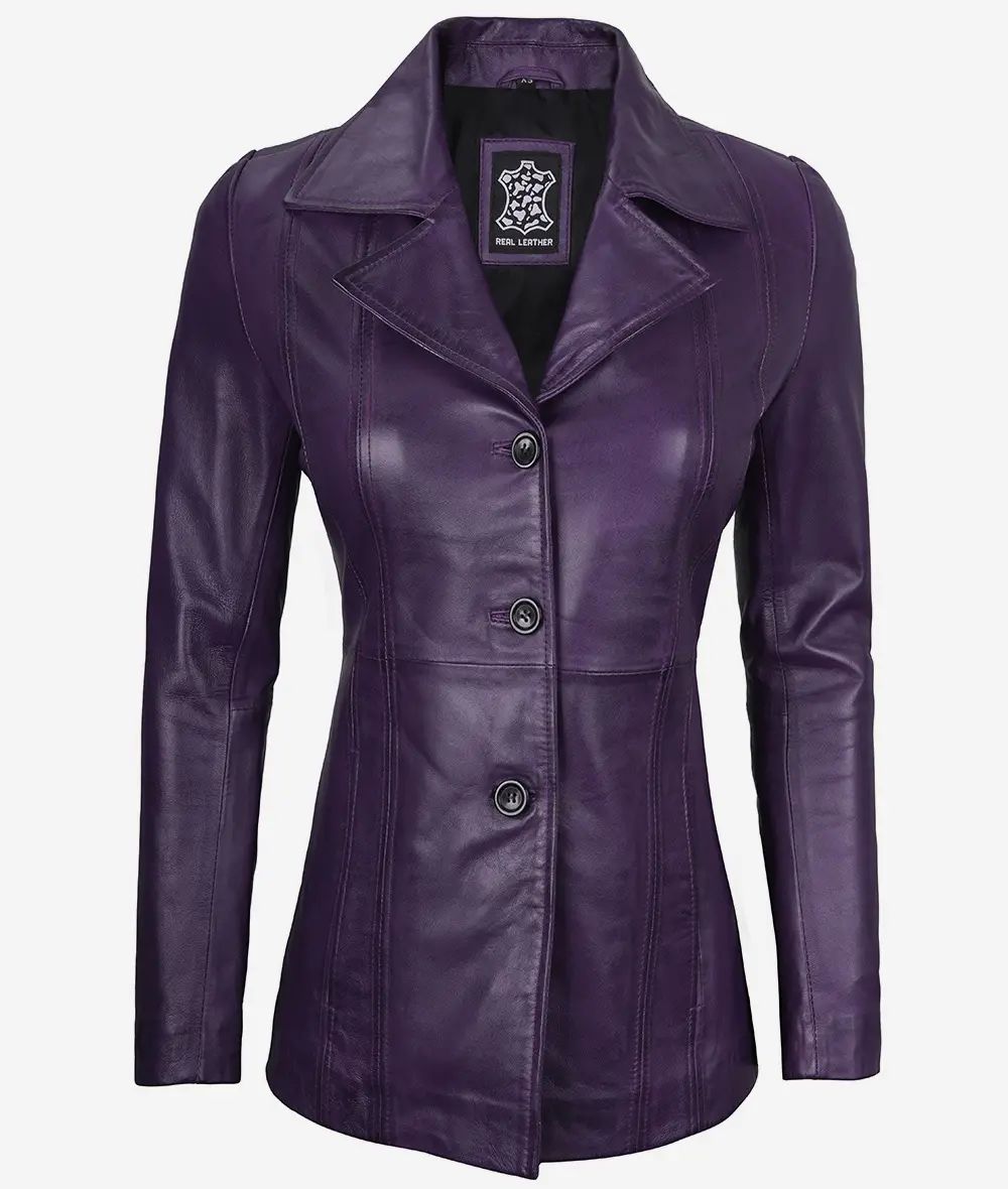 Bringo_Womens_Three_Button_Lapel_Collar_Purple_Lambskin_Leather_Blazer