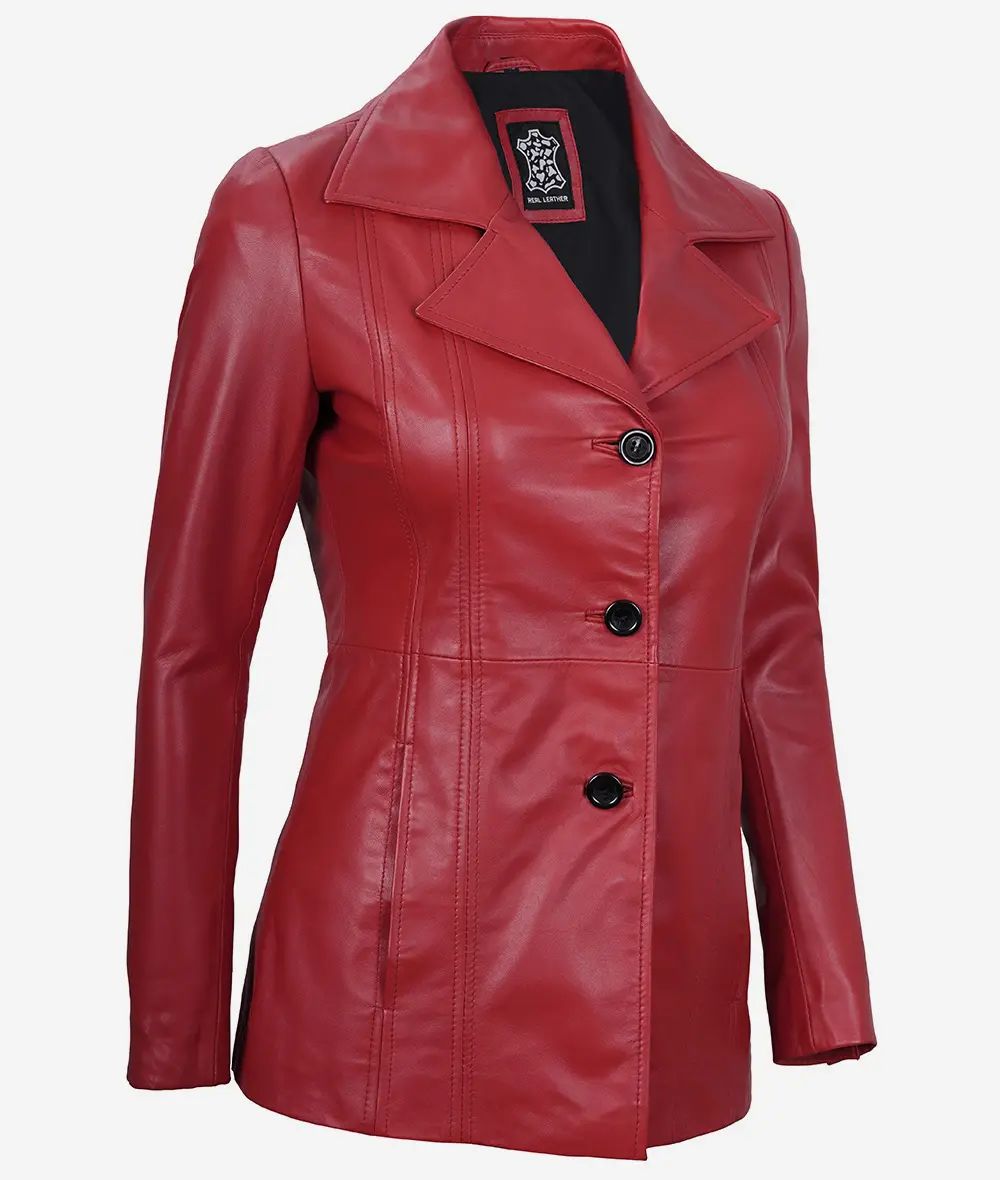 Bringo_Womens_Three_Button_Lapel_Collar_Red_Lambskin_Leather_Blazer