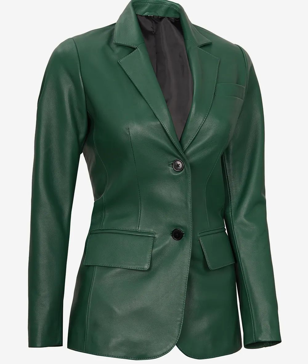 Bringo_Womens_Two_Button_Notch_Lapel_Green_Lambskin_Leather_Blazer_Vents