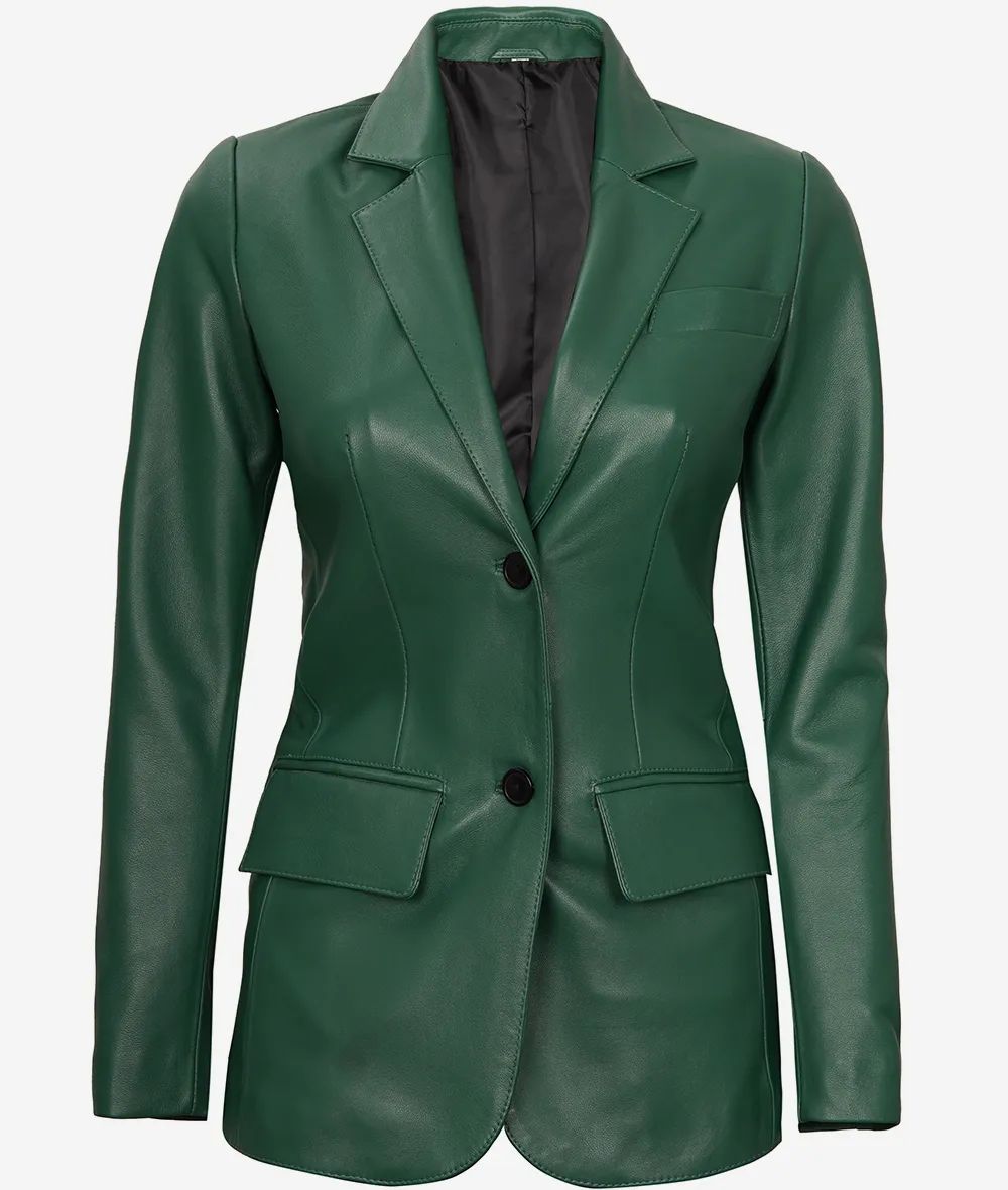 Bringo_Womens_Two_Button_Notch_Lapel_Green_Lambskin_Leather_Blazer_Vents