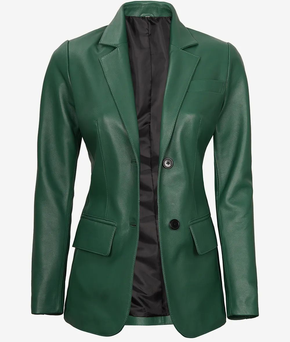 Bringo_Womens_Two_Button_Notch_Lapel_Green_Lambskin_Leather_Blazer_Vents