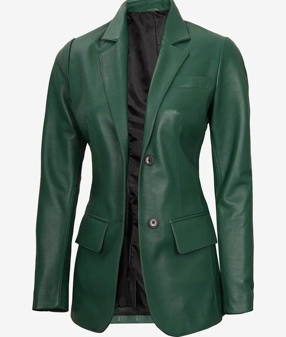 Bringo_Womens_Two_Button_Notch_Lapel_Green_Lambskin_Leather_Blazer_Vents