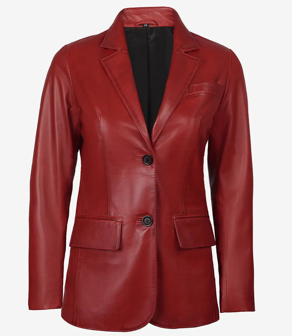 Bringo_Womens_Two_Button_Notch_Lapel_Red_Lambskin_Leather_Blazer_Vents