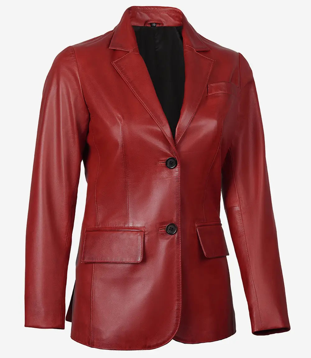 Bringo_Womens_Two_Button_Notch_Lapel_Red_Lambskin_Leather_Blazer_Vents