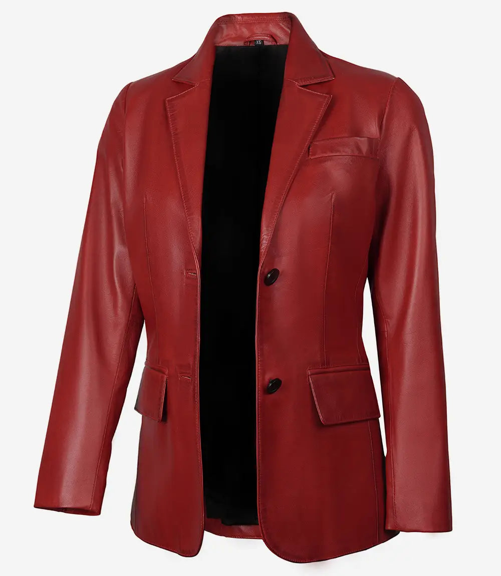 Bringo_Womens_Two_Button_Notch_Lapel_Red_Lambskin_Leather_Blazer_Vents