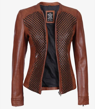 Women's Stylish Moto Biker Textured Real Lambskin Brown Leather Jacket