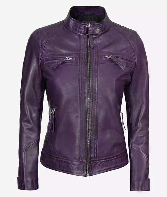 Women's Quilted Biker Racer Real Lambskin Purple Leather Jacket