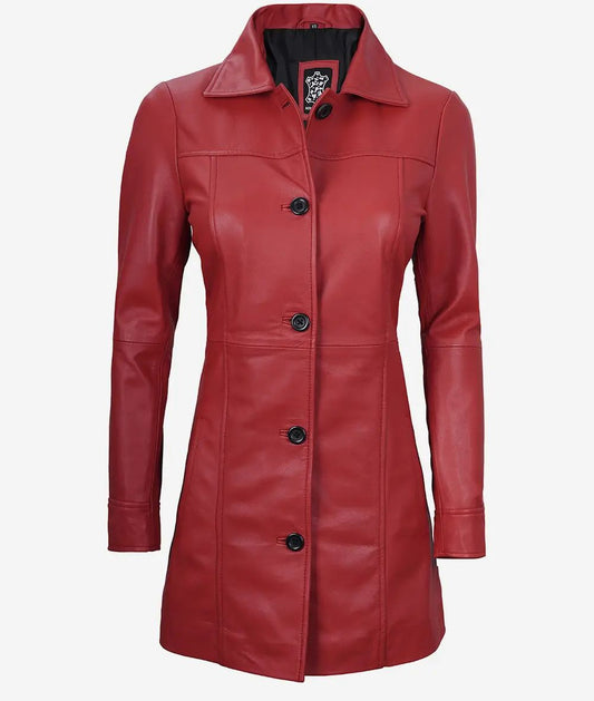Women's Stylish Design Slim Fit Real Lambskin Red Leather Car Trench Winter Coat
