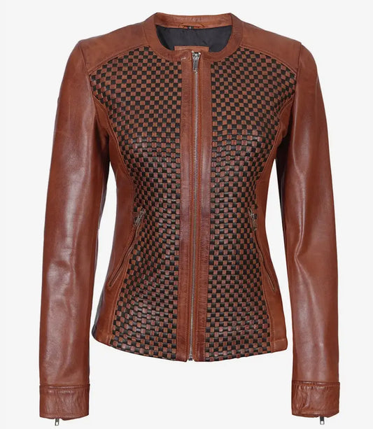 Women's Stylish Moto Biker Textured Real Lambskin Brown Leather Jacket