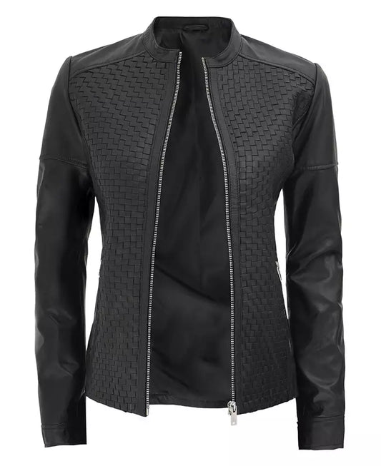 Women's Stylish Slim Fit  Moto Biker Racer Textured Real Lambskin Black Leather Jacket