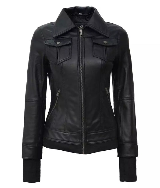 Women's Moto Biker Bomber Removable Hood Real Lambskin Black Leather