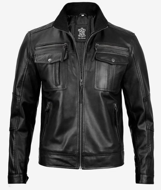 Men's New Style Cafe Racer Moto Biker Real Lambskin Black Leather Jacket