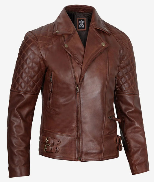 Men's New Stylish Moto Biker Asymmetrical Real Lambskin Cognac Leather Jacket