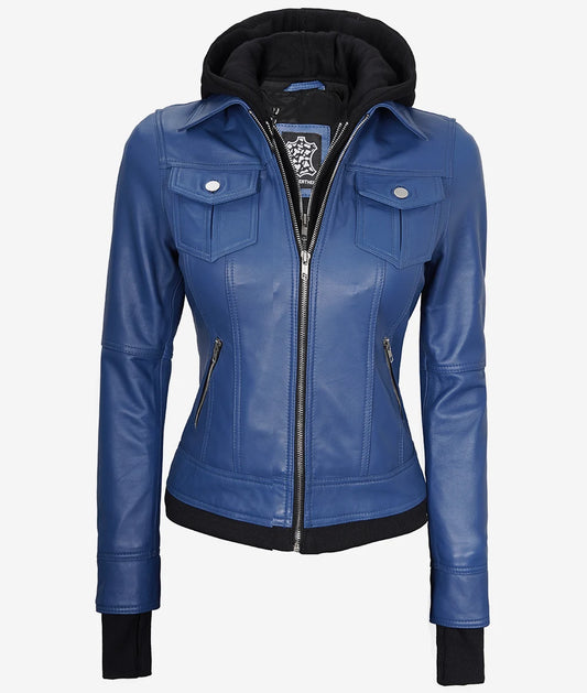 Women's Stylish Look Moto Biker Bomber Removable Hood Real Lambskin Leather Jacket