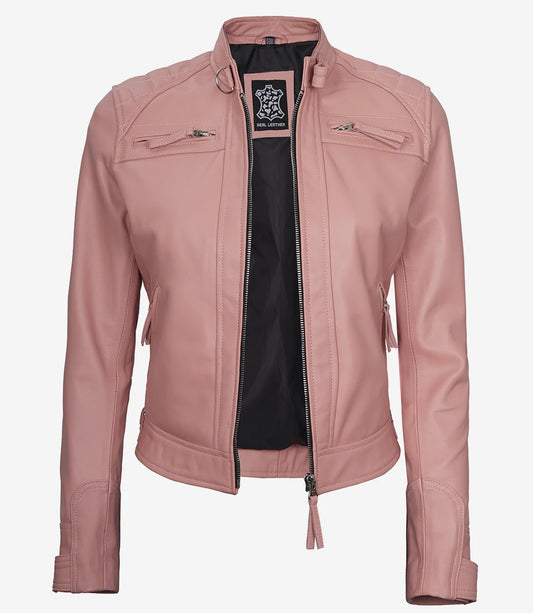 Women's Quilted Cafe Racer Moto Biker Real Lambskin Pink Leather Jacket
