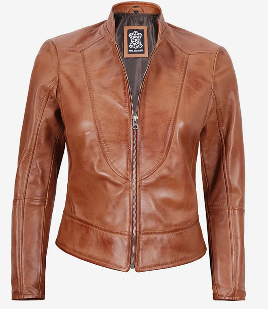 Women's Stylish Moto Biker Racer Real Lambskin Waxed Tan Leather Jacket