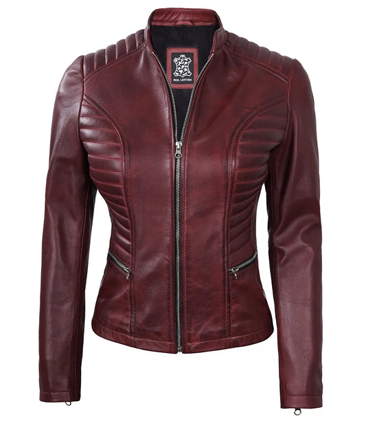 Women's Stylish Padded Moto Biker Racer Real Lambskin Maroon Leather Jacket