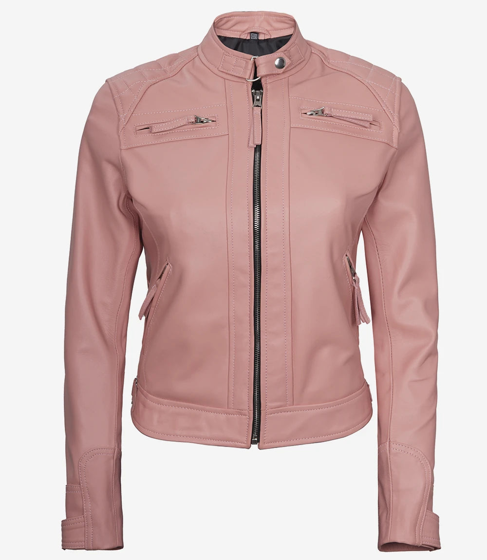 Women's Quilted Cafe Racer Moto Biker Real Lambskin Pink Leather Jacket