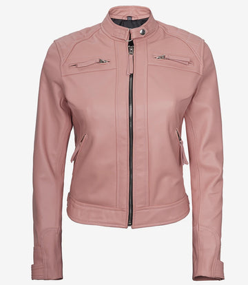 Women's Quilted Cafe Racer Moto Biker Real Lambskin Pink Leather Jacket