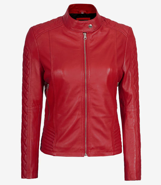 Women's Stylish Look Quilted Moto Biker Cafe Racer Ream Lambskin Red Leather Jacket